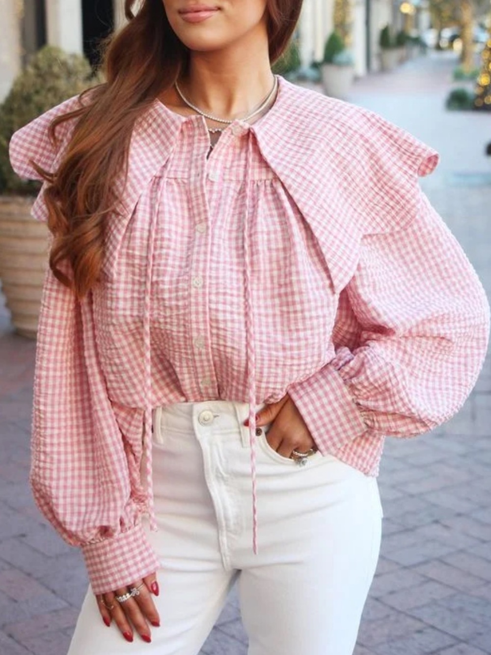 Karlie Pink Gingham Peter Pan Collar Long-Sleeve Top Blouse Large $124 Boutique